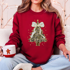 Christmas Camo Tree, Ribbon, Bows, Santa Sweatshirt